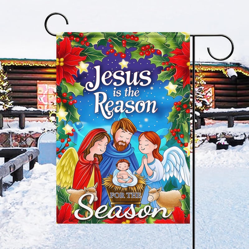 BlissYard Winter Christmas Garden Flag Jesus Nativity Double Sided Garden Flag Nativity Scene and 'Jesus is the Reason for the Season' Outdoor Home Room Decor Event Party Supplies 12x18 Inch - Image 2